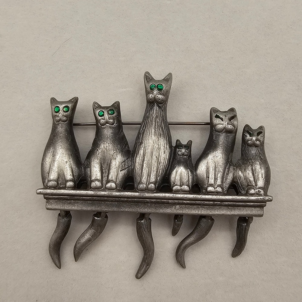 Vtg AJC Brooch Kitty Cats Pewter‎ Green Eyes Articulated Dangle Tails 2.5" Pin